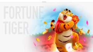 Ilustração do Jogo do Tigrinho (Fortune Tiger) mostrando o tigre dourado da sorte com moedas de ouro.